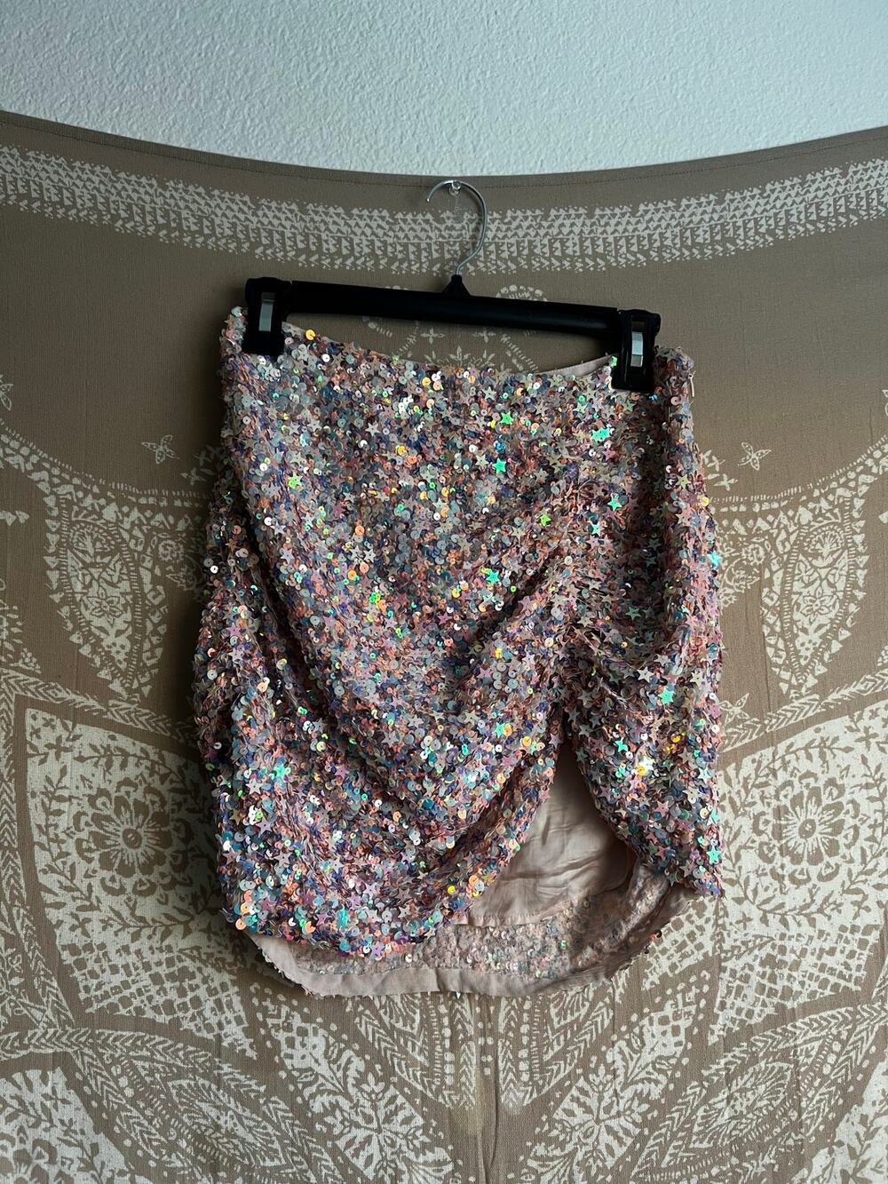 Retrofete Pink Multi Sequin Draped Wrap Mini Skirt Size S
